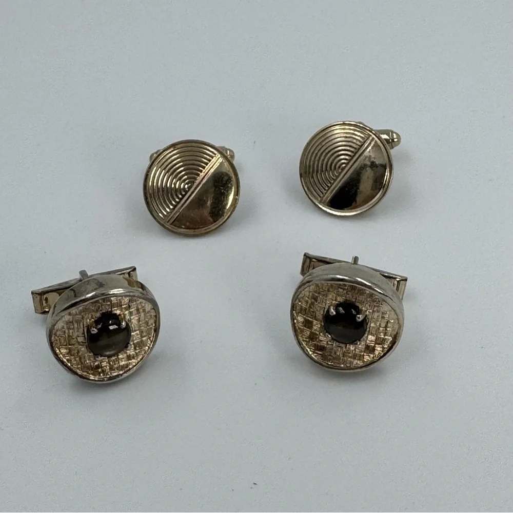 Vintage Cufflinks 2 Pairs Gold Tone Art Deco & Tigers Eye 1 Marked Sterling